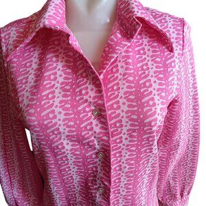 Medium Vintage Blouse Abstract Print Pink White Button-Up Size 10 1960's Mod